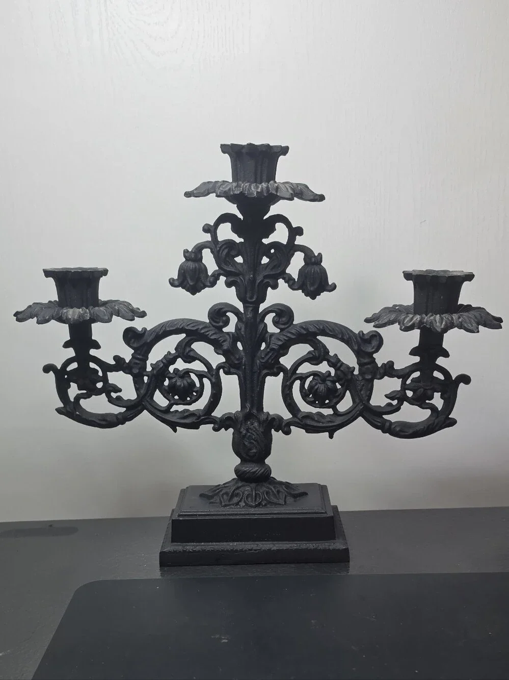 Ornate Black Metal 3-Arm Candelabra Candle Holder
